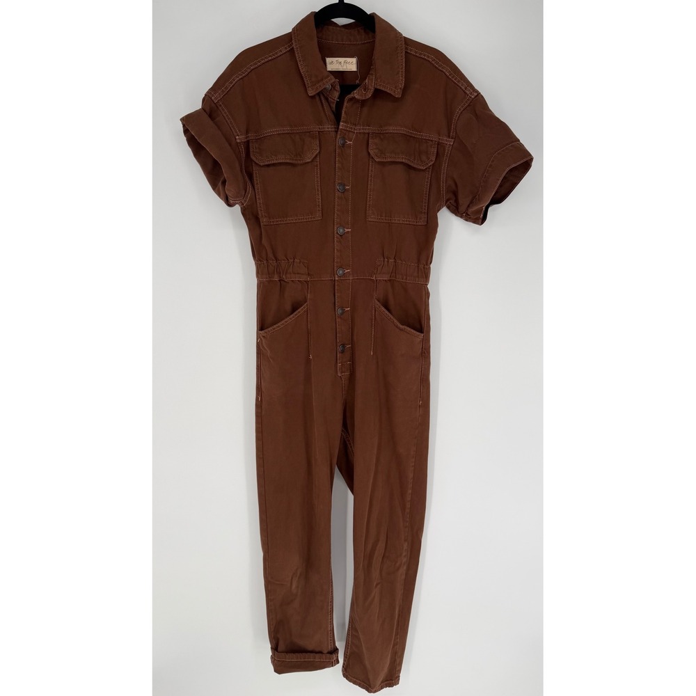 Free People Brown Short-Sleeve Utility Jumpsuit